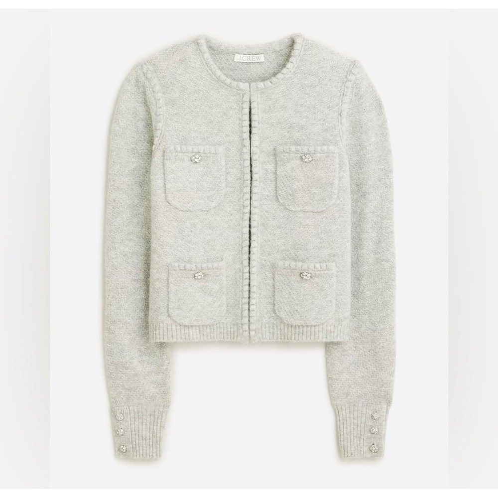 J.Crew | 2023 Odette Sweater Lady Jacket L Gray Jewel Button Merino Alpaca BV762 - Picture 3 of 11